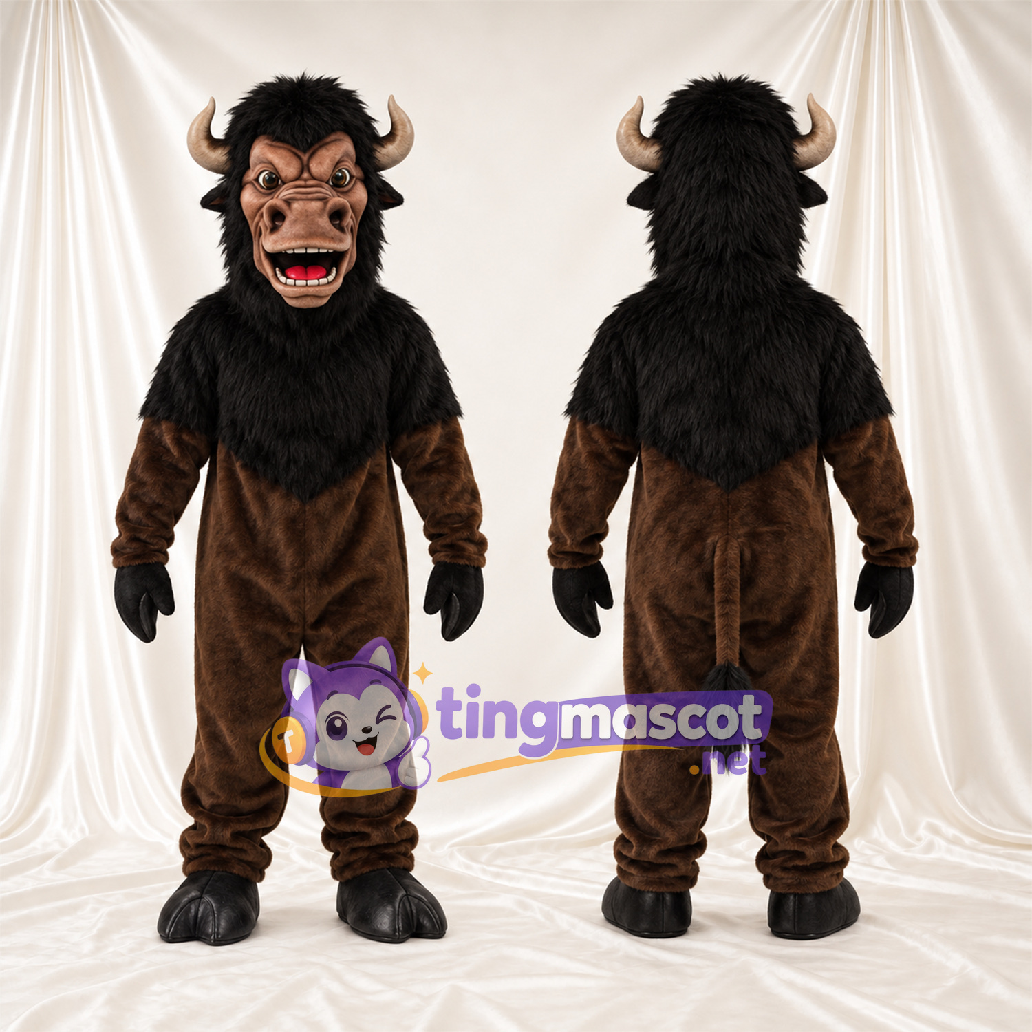 Costume de mascotte Minotaure – marron / noir – Cornes courbées; Crinière (noir) Costume de mascotte Minotaure – marron / noir – Cornes courbées; Crinière (noir)