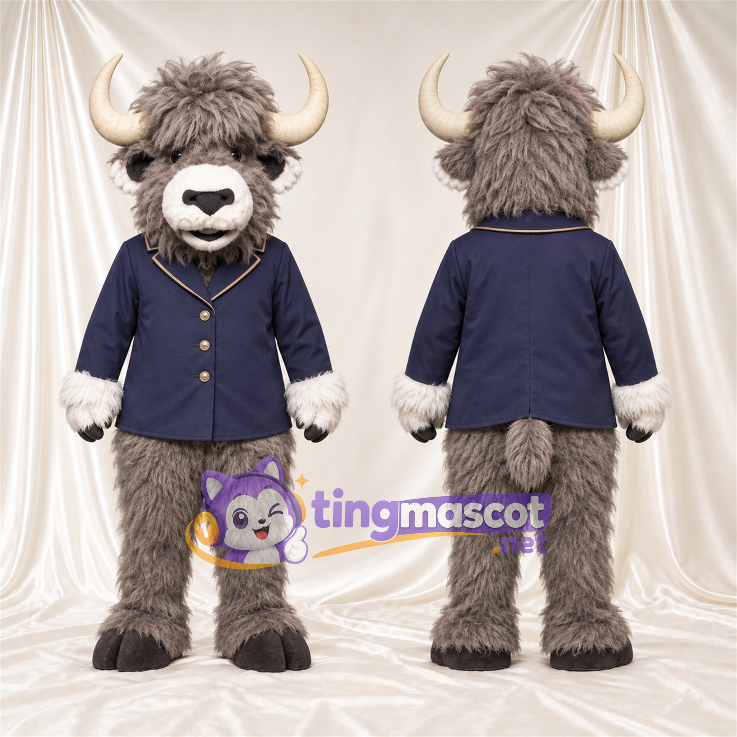 Costume de mascotte Buffle – gris – Veste (bleu marine) Costume de mascotte Buffle – gris – Veste (bleu marine)