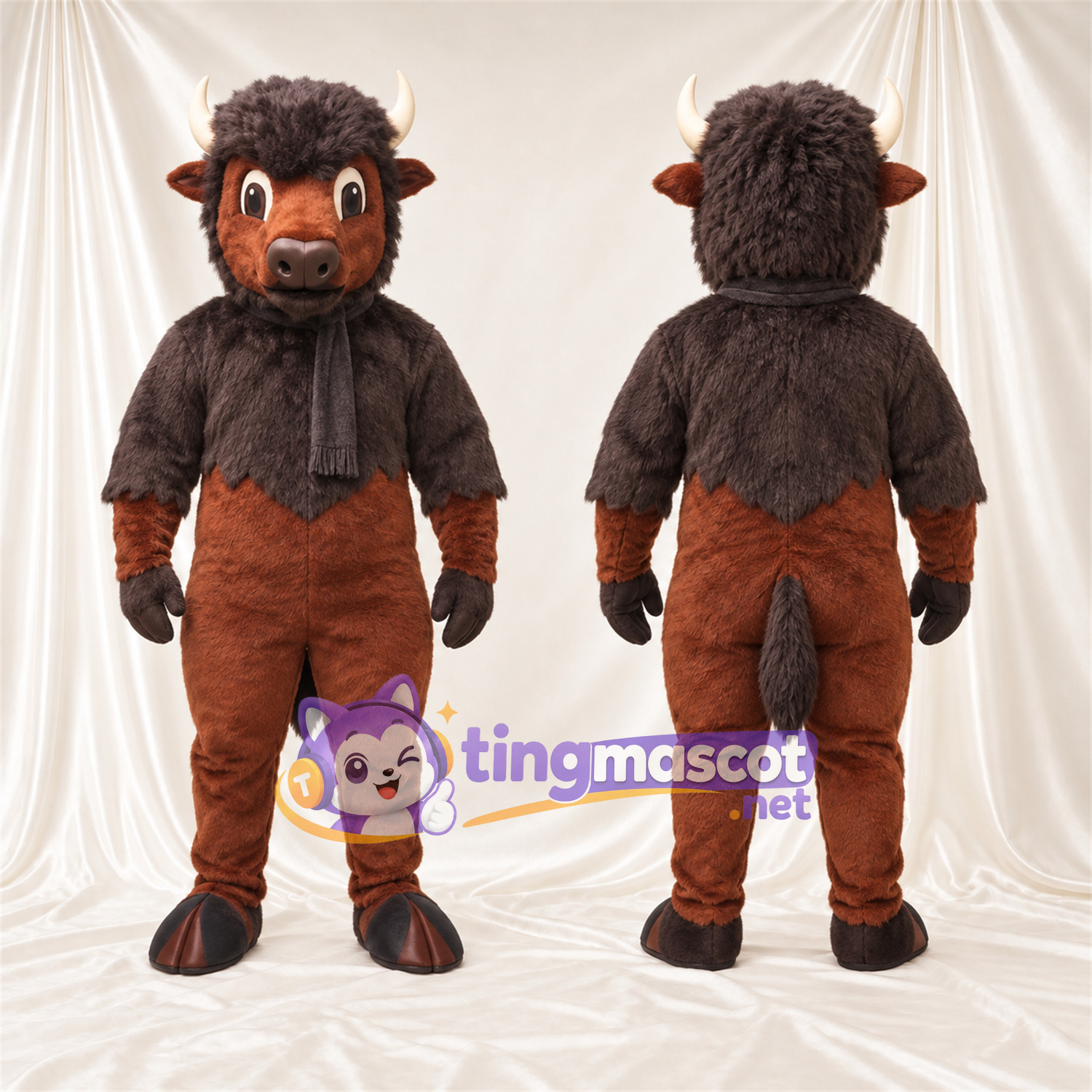 Maskottchenkostüm Büffel – braun – Schal (grau) Maskottchenkostüm Büffel – braun – Schal (grau)