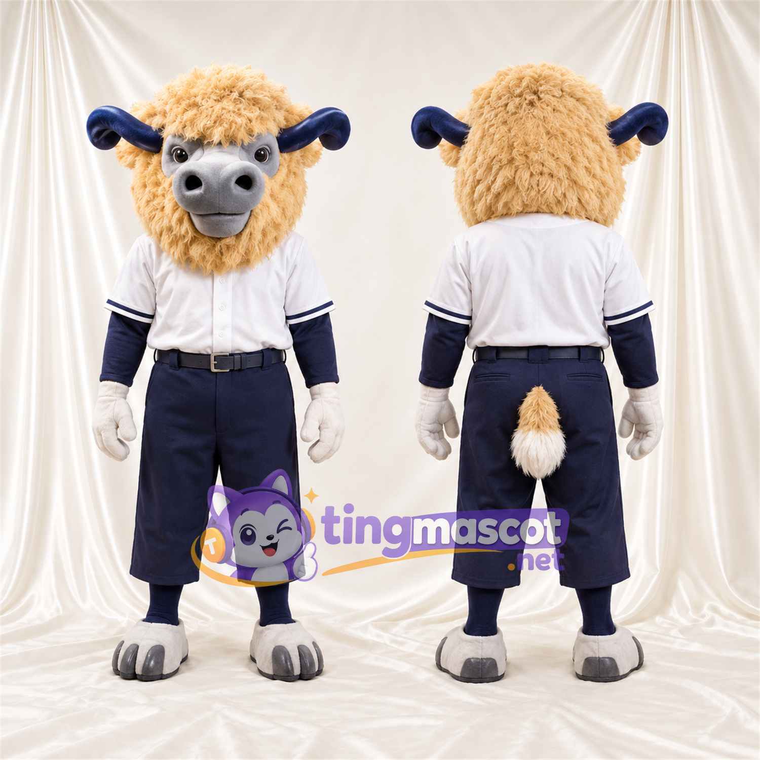 Costume de mascotte Bélier – blanc – Chemise; Pantalon (bleu marine) Costume de mascotte Bélier – blanc – Chemise; Pantalon (bleu marine)