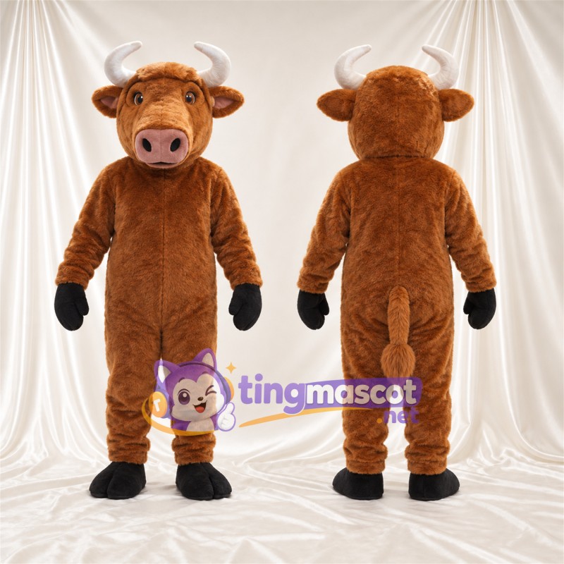 Maskottchenkostüm Bison – braun – Hörner (grau); Schnauze (rosa)