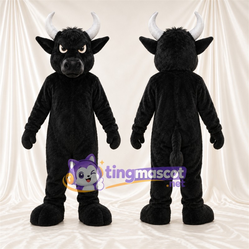 Black Buffalo Mascot Costume - White Horns and Angled Eyebrows