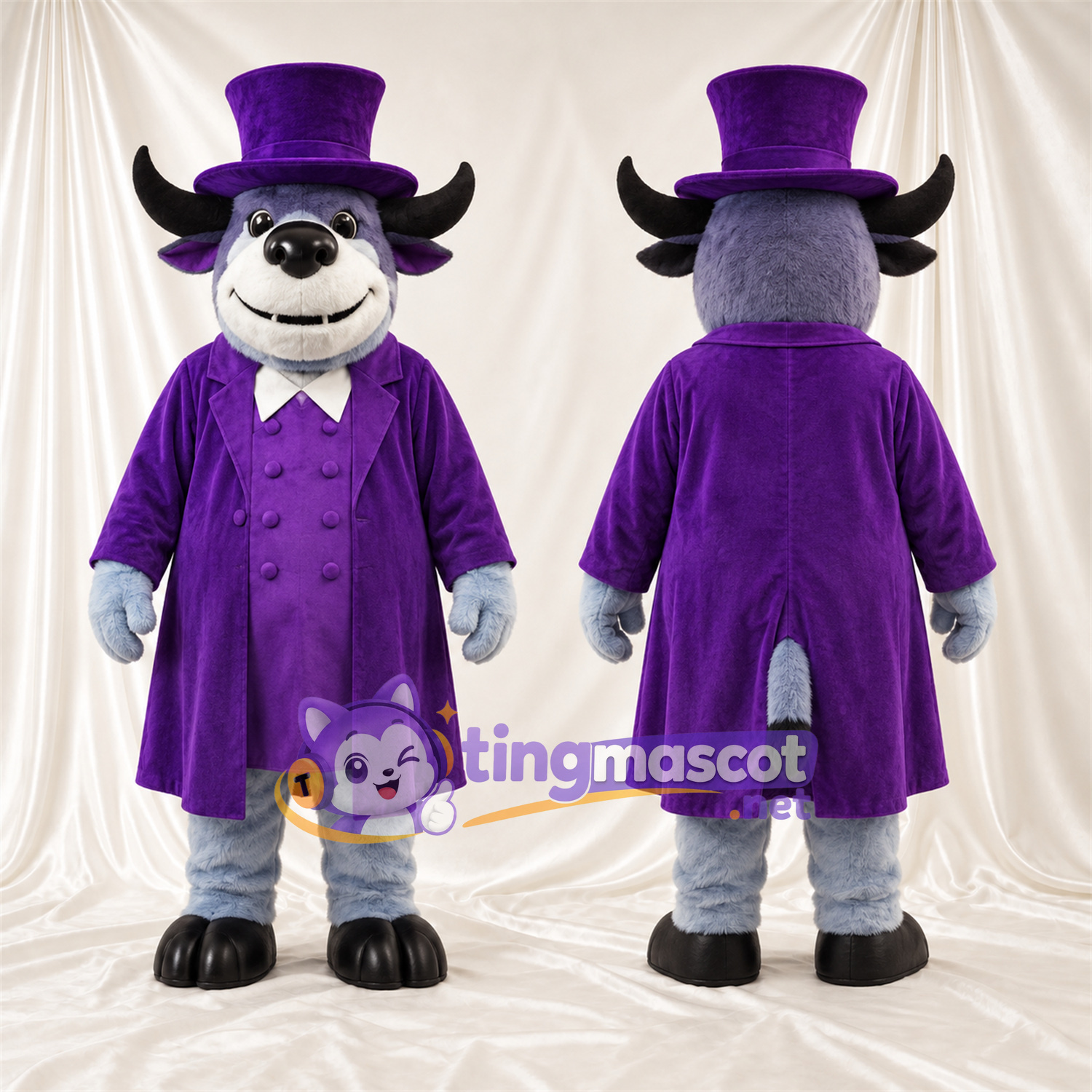 Costume de mascotte Buffle – gris – Manteau (violet); Haut-de-forme Costume de mascotte Buffle – gris – Manteau (violet); Haut-de-forme