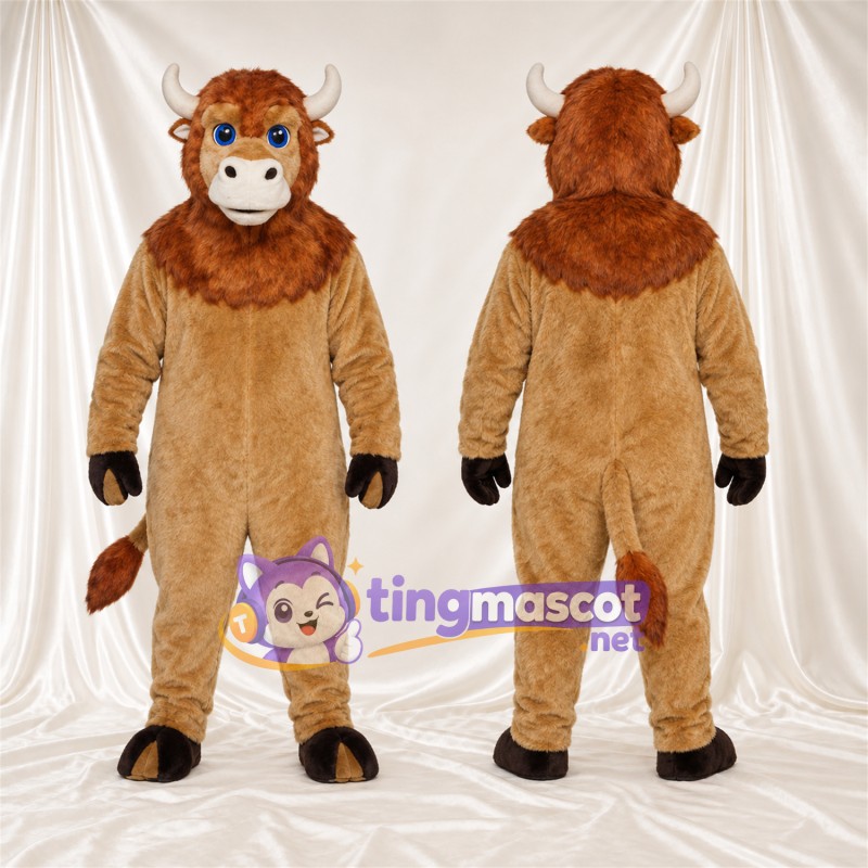 Costume de mascotte Taureau – brun clair – Cornes (blanc); Museau (gris)