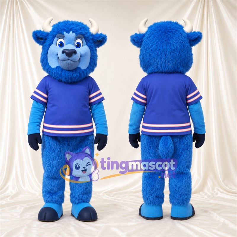Blue Bison Mascot Costume - Black Hooves and Blue Jersey with Striped Trim