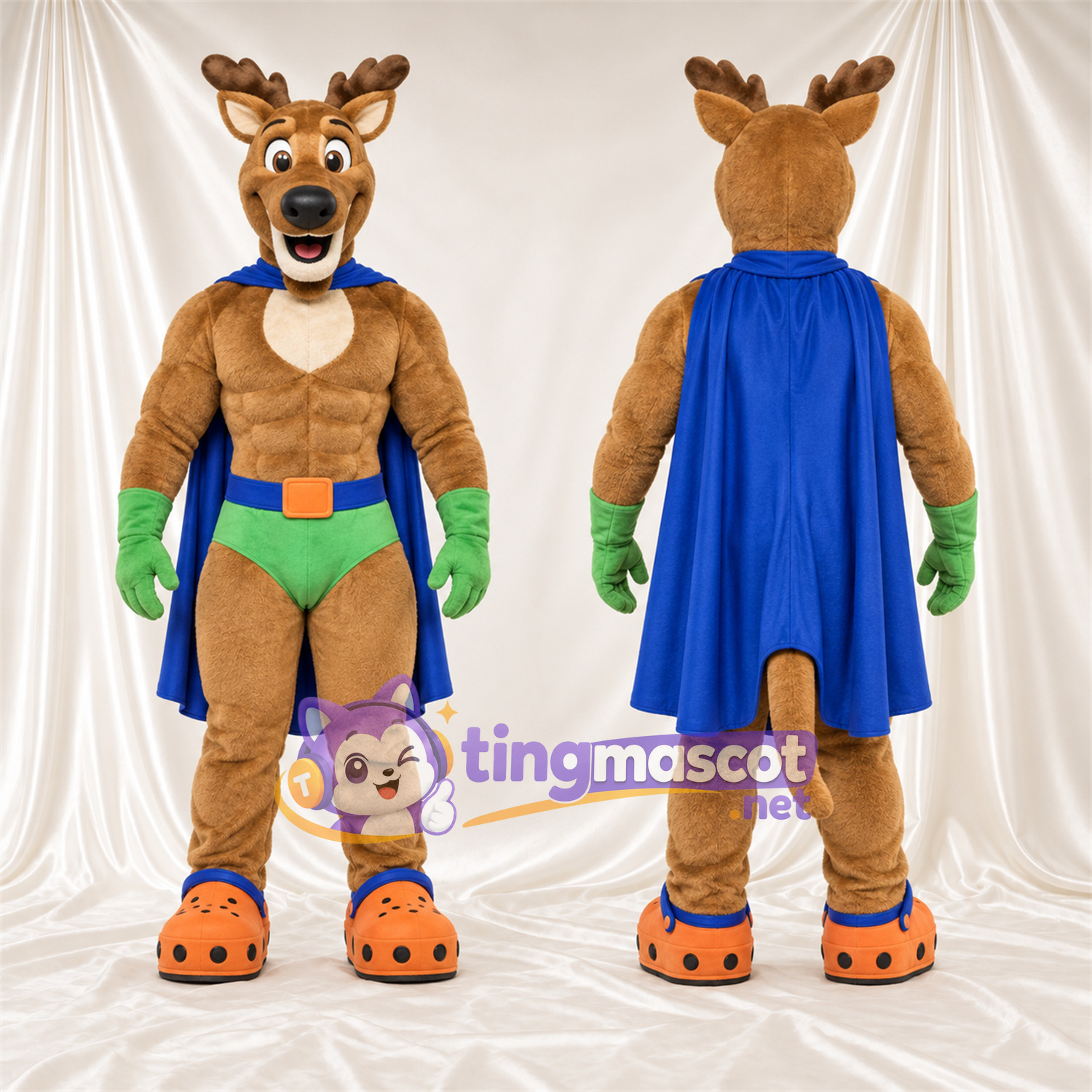 Costume de mascotte Cerf super-héros – marron – Cape (bleu); Gants (vert) Costume de mascotte Cerf super-héros – marron – Cape (bleu); Gants (vert)