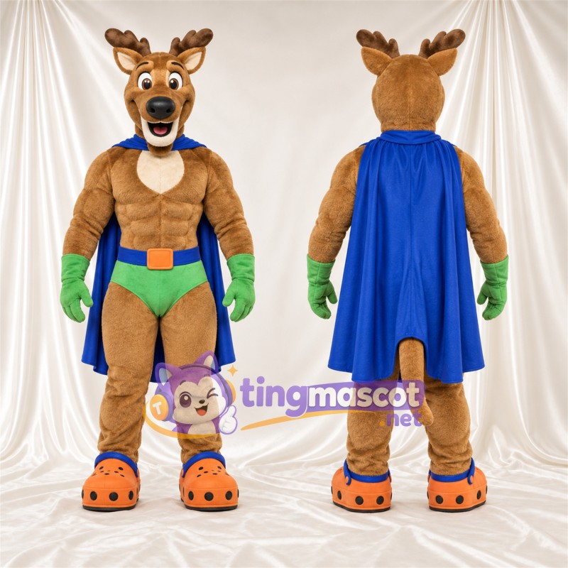 Costume de mascotte Cerf super-héros – marron – Cape (bleu); Gants (vert)