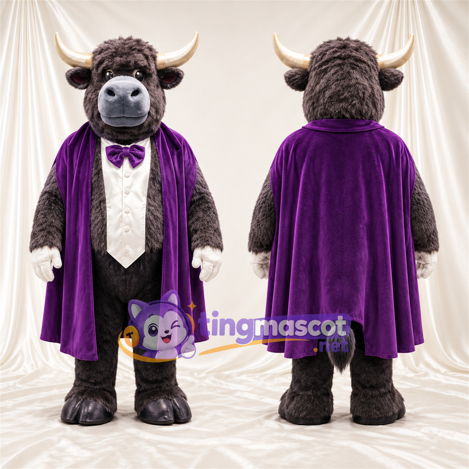 Maskottchenkostüm Büffel – grau – Umhang (violett) Maskottchenkostüm Büffel – grau – Umhang (violett)
