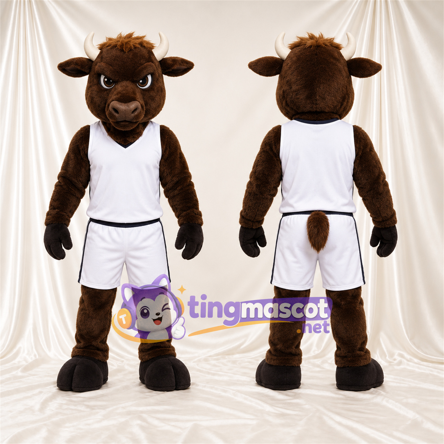 Maskottchenkostüm Büffel – braun – Basketballtrikot (weiß) Maskottchenkostüm Büffel – braun – Basketballtrikot (weiß)