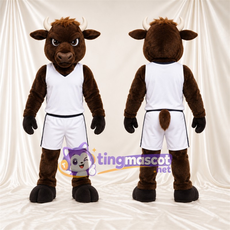 Maskottchenkostüm Büffel – braun – Basketballtrikot (weiß)