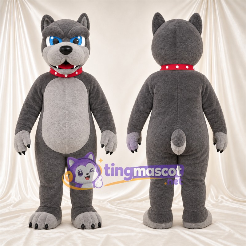 Maskottchenkostüm Bulldogge – grau – Kragen (rot); Bauch (grau)