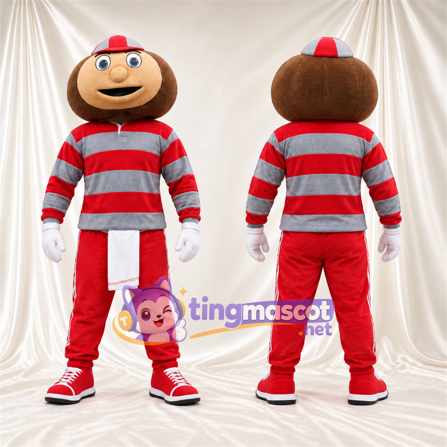 Brown Cartoon Boy Mascot Costume - Red Gray Striped Shirt Red Pants Brown Cartoon Boy Mascot Costume - Red Gray Striped Shirt Red Pants