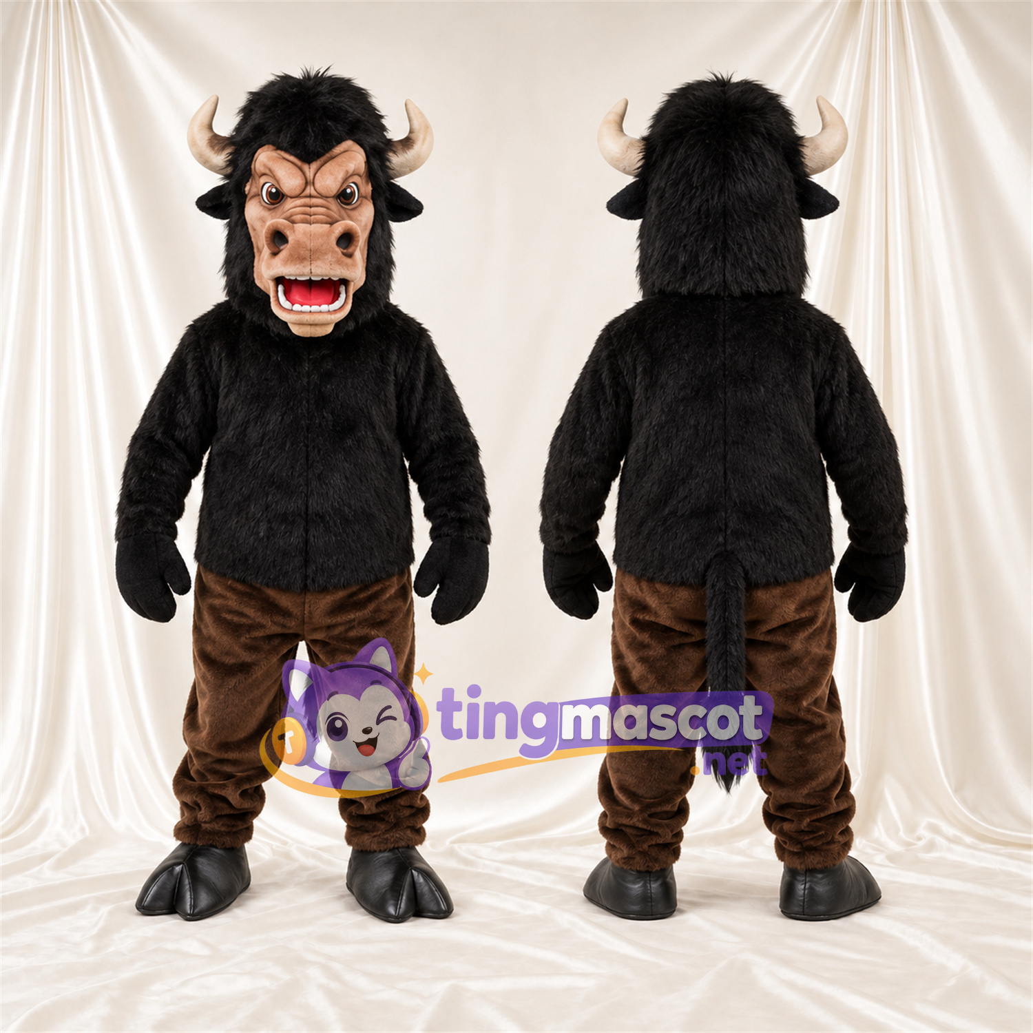 Costume de mascotte Minotaure – marron / noir – Cornes courbées; Crinière (noir) Costume de mascotte Minotaure – marron / noir – Cornes courbées; Crinière (noir)