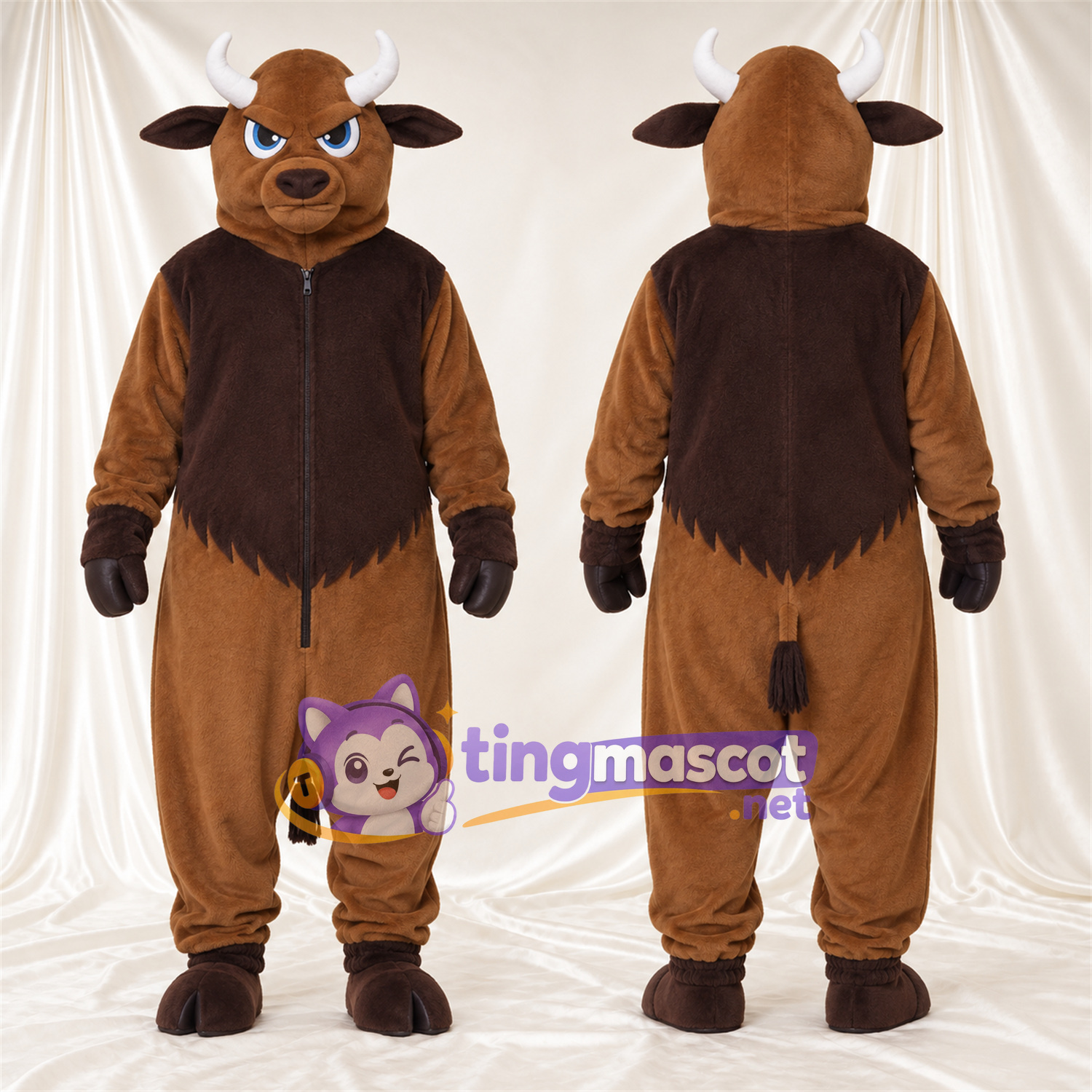Maskottchenkostüm Bison – braun – Brust (braun); Hörner (weiß) Maskottchenkostüm Bison – braun – Brust (braun); Hörner (weiß)