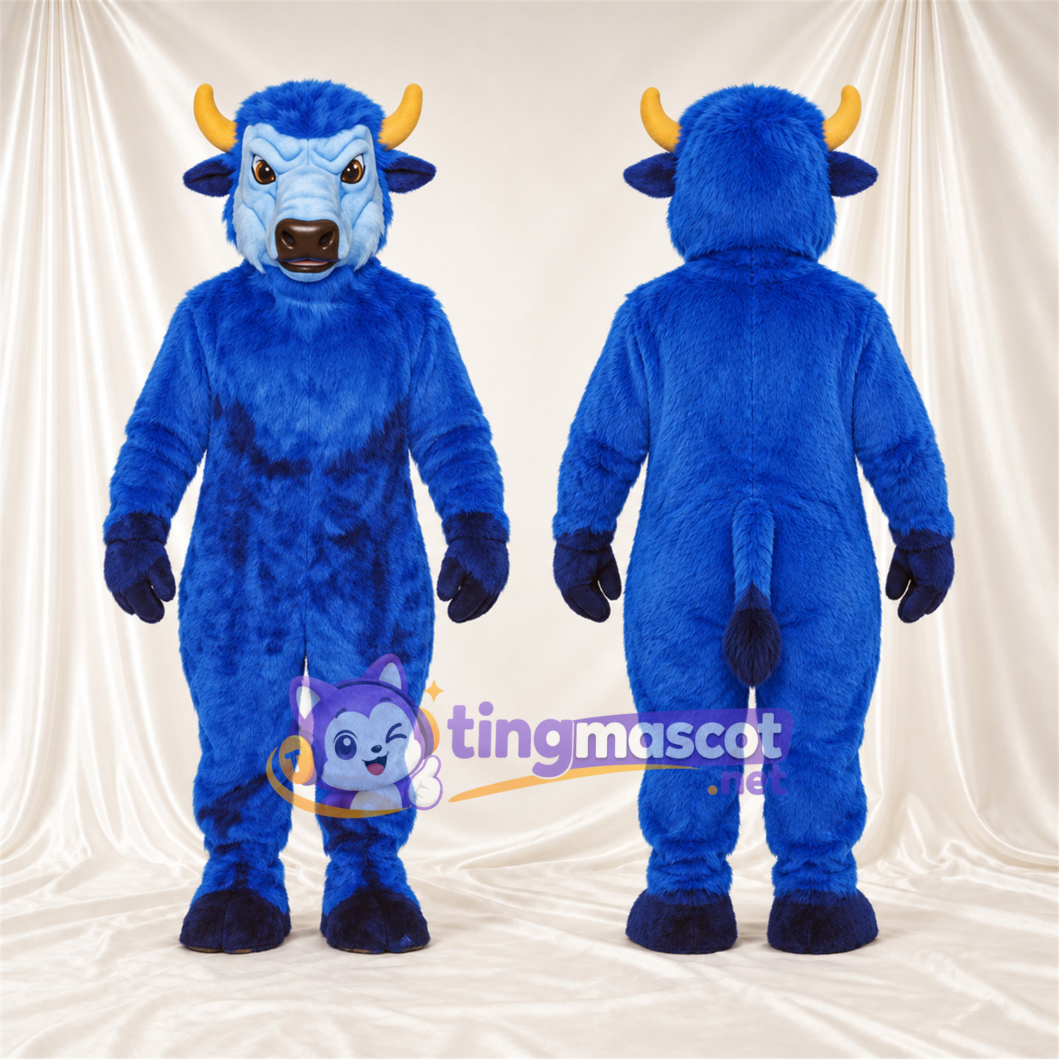 Costume de mascotte Buffle – bleu – Cornes (jaune); Gants (noir) Costume de mascotte Buffle – bleu – Cornes (jaune); Gants (noir)