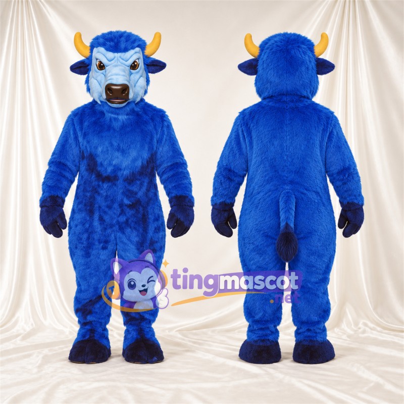 Costume de mascotte Buffle – bleu – Cornes (jaune); Gants (noir)