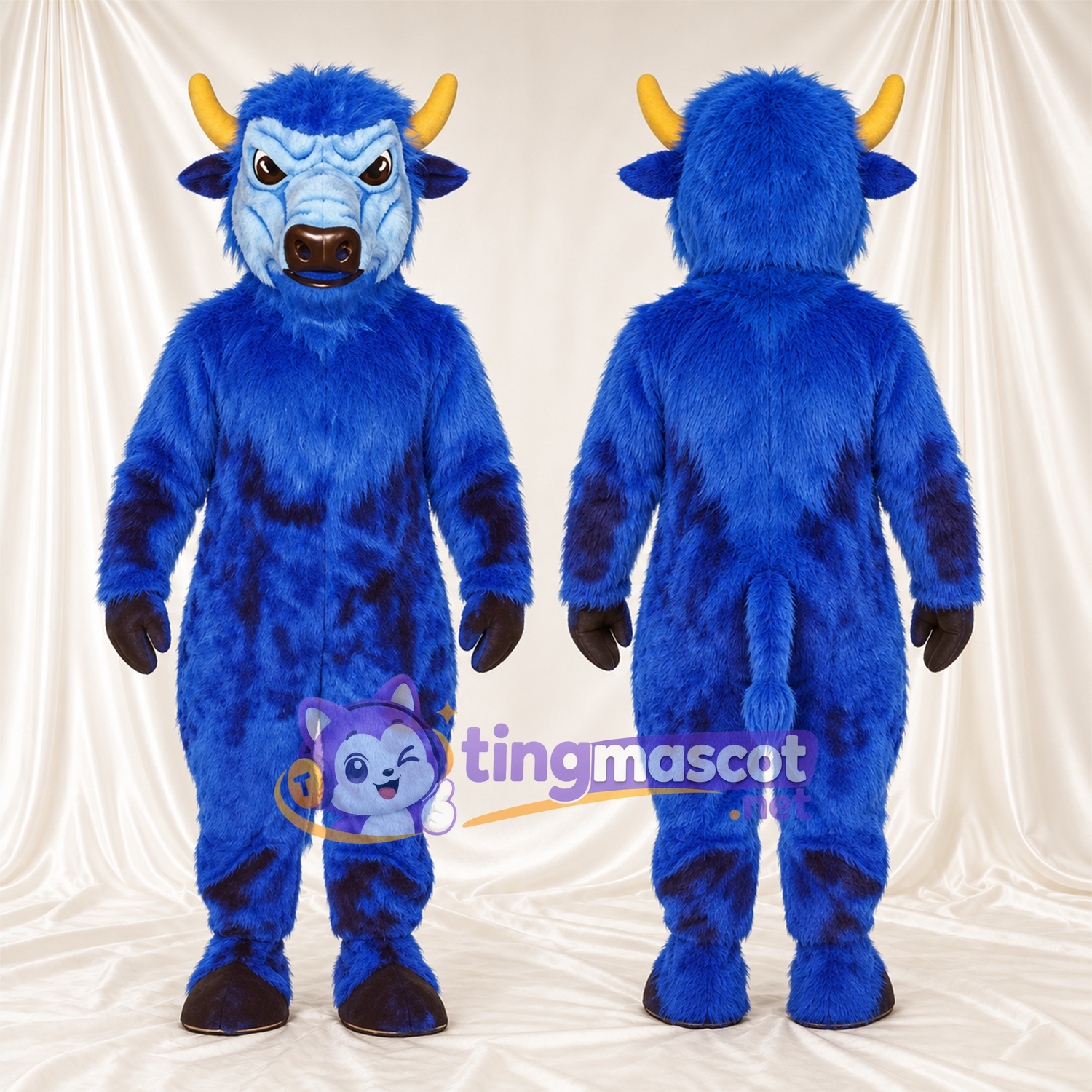 Costume de mascotte Buffle – bleu – Cornes (jaune); Museau (noir) Costume de mascotte Buffle – bleu – Cornes (jaune); Museau (noir)