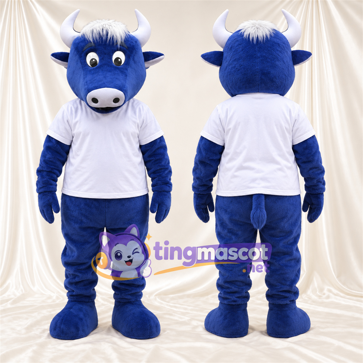 Maskottchenkostüm Büffel – blau – T-Shirt (weiß); Hörner (weiß) Maskottchenkostüm Büffel – blau – T-Shirt (weiß); Hörner (weiß)
