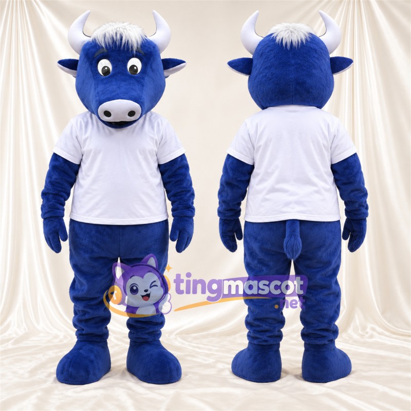 Maskottchenkostüm Büffel – blau – T-Shirt (weiß); Hörner (weiß)
