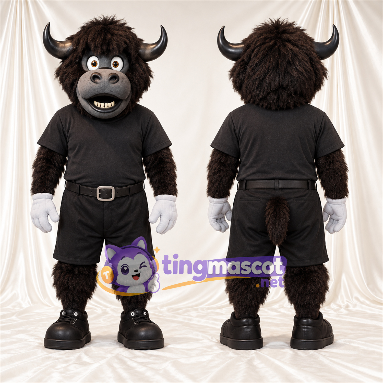 Maskottchenkostüm Büffel – braun – Outfit (schwarz) Maskottchenkostüm Büffel – braun – Outfit (schwarz)