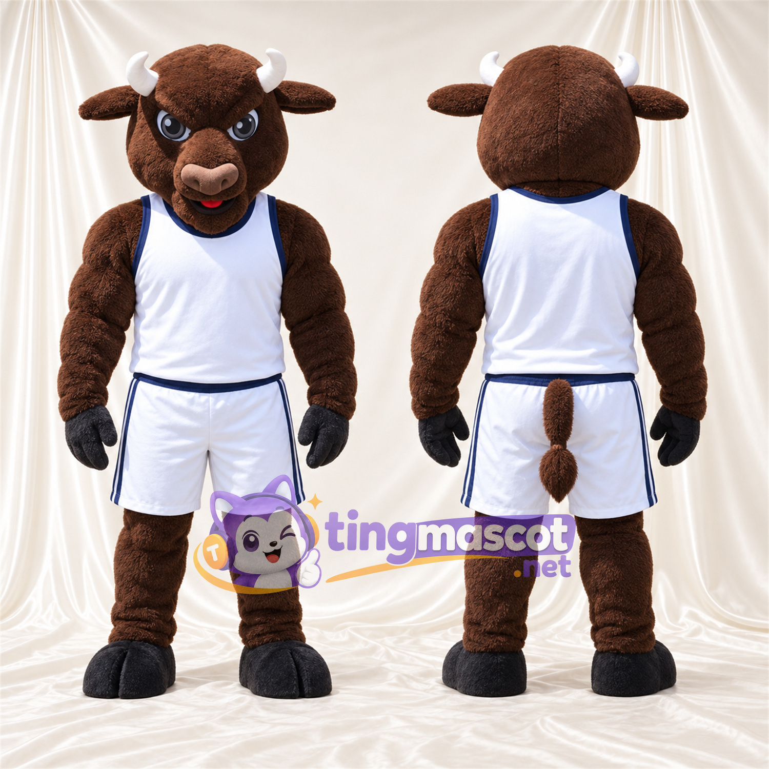 Maskottchenkostüm Bison – braun – Basketballtrikot (weiß); Hörner (schwarz) Maskottchenkostüm Bison – braun – Basketballtrikot (weiß); Hörner (schwarz)