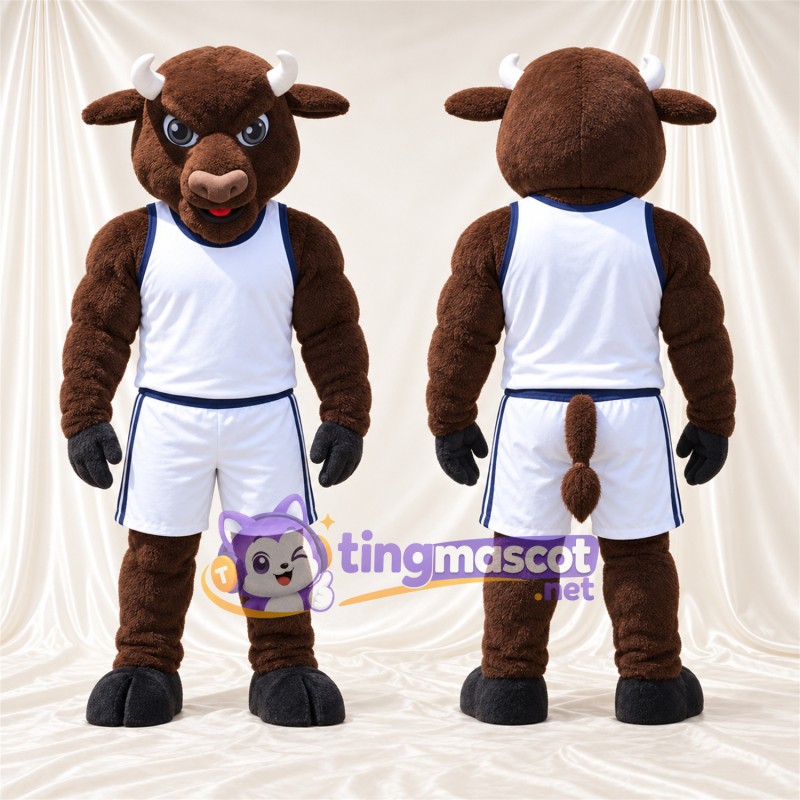 Maskottchenkostüm Bison – braun – Basketballtrikot (weiß); Hörner (schwarz)