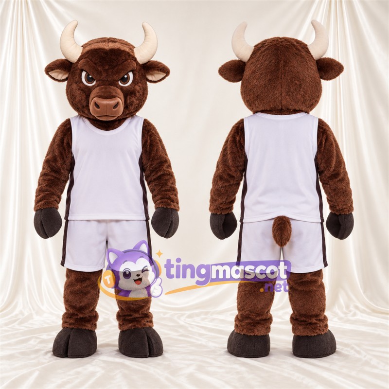 Maskottchenkostüm Bison – braun – Basketballtrikot (weiß); Hörner (weiß)