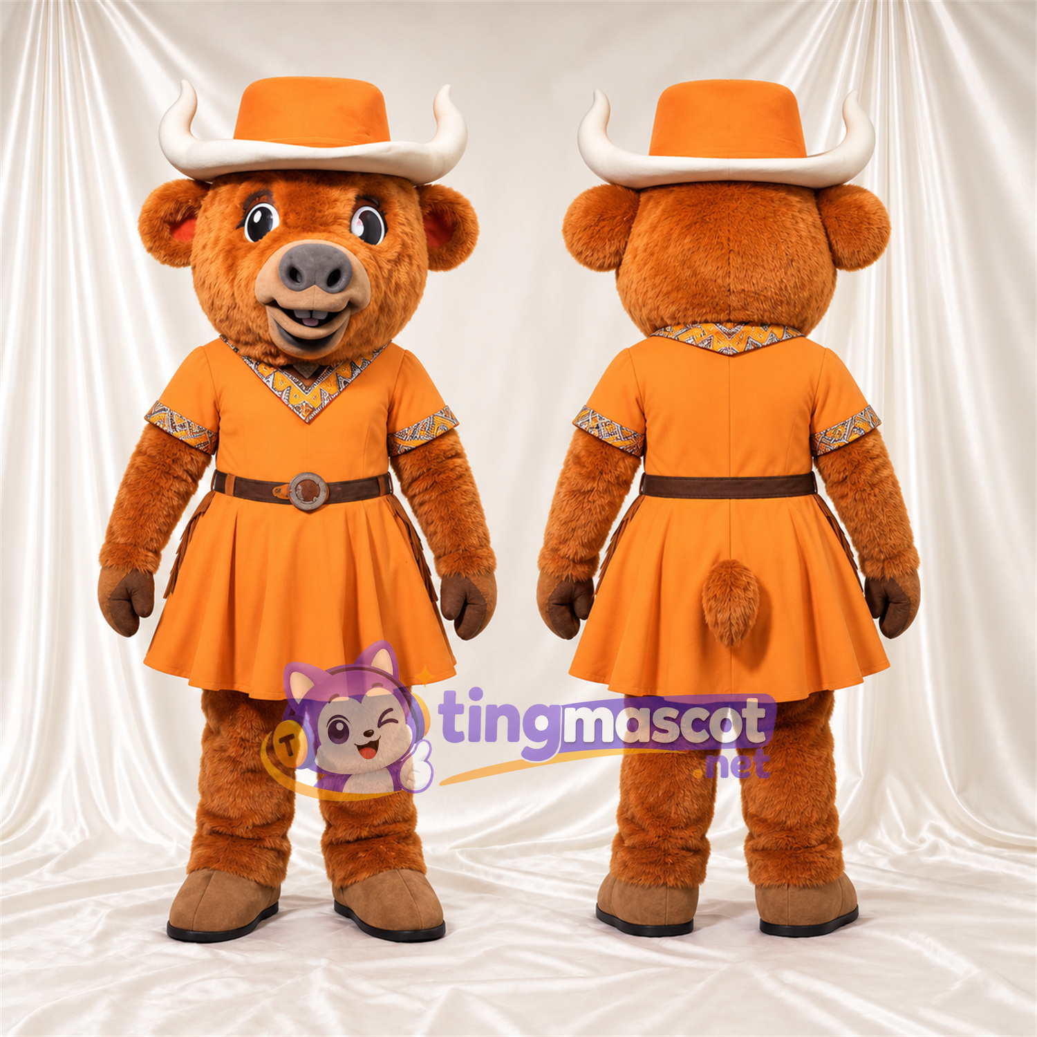 Maskottchenkostüm Bison – orange – Kleid (orange); Cowboyhut Maskottchenkostüm Bison – orange – Kleid (orange); Cowboyhut