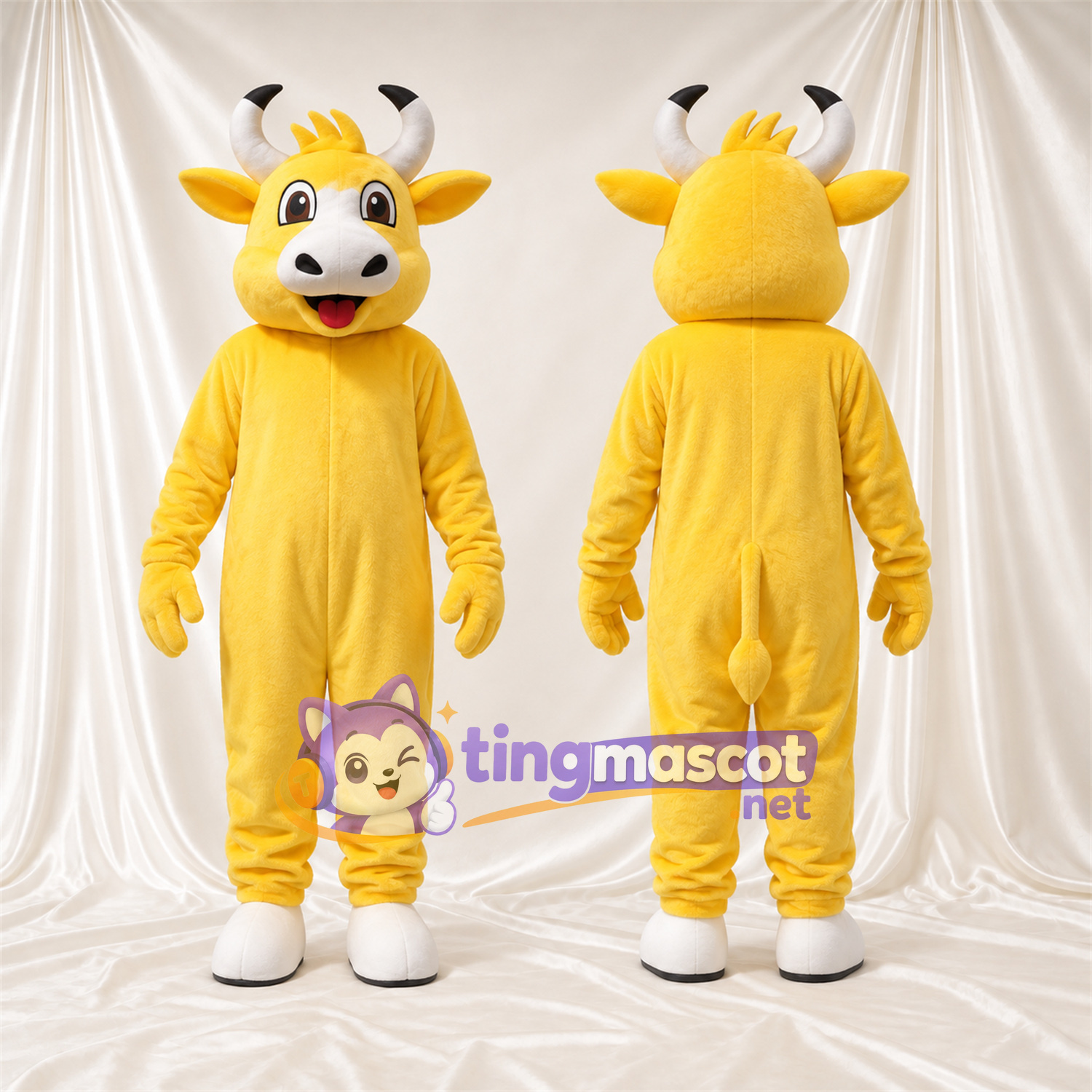 Costume de mascotte Vache – jaune – Cornes (blanc); Sabots (blanc) Costume de mascotte Vache – jaune – Cornes (blanc); Sabots (blanc)