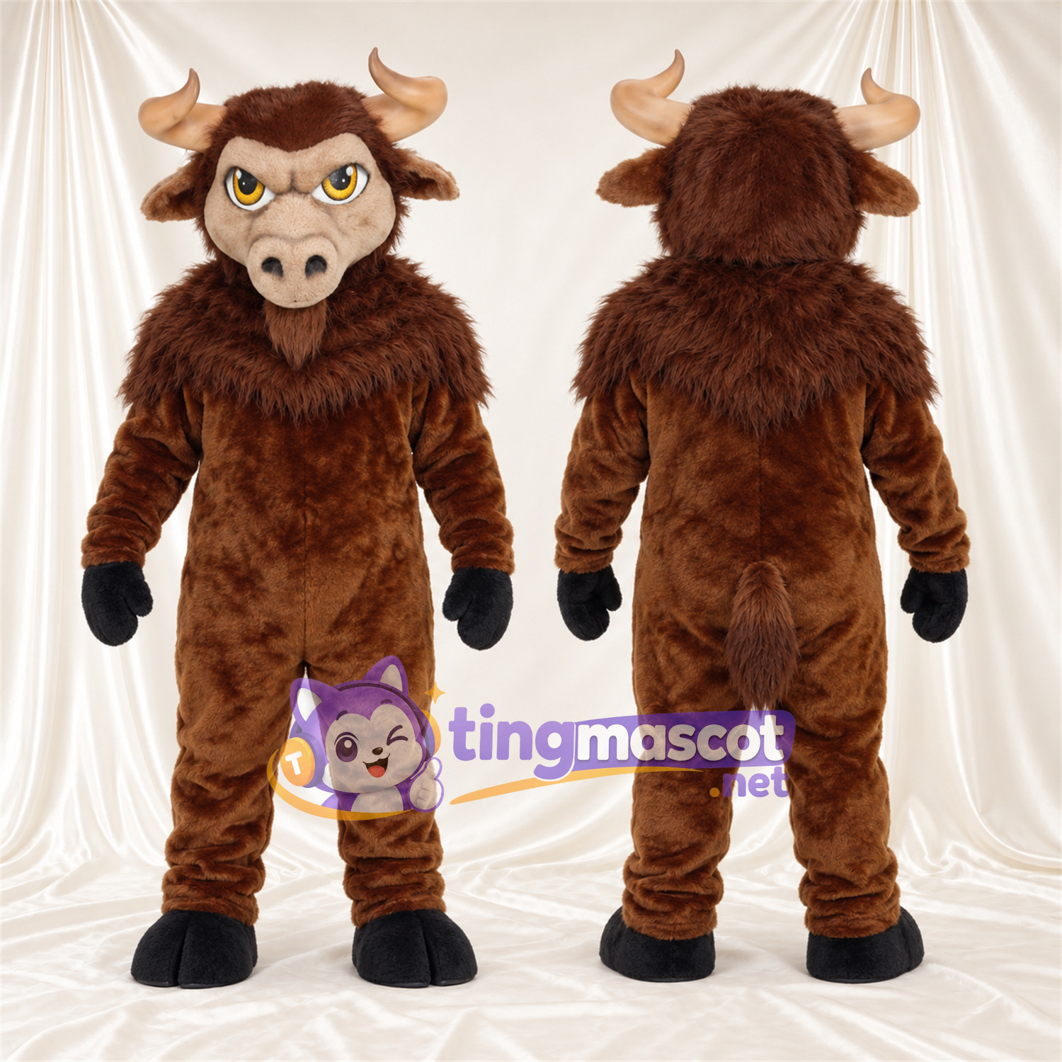 Costume de mascotte Bison – marron – Crinière (marron); Yeux (jaune) Costume de mascotte Bison – marron – Crinière (marron); Yeux (jaune)