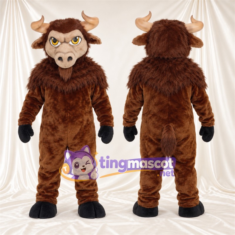 Costume de mascotte Bison – marron – Crinière (marron); Yeux (jaune)