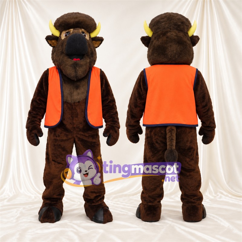 Costume de mascotte Bison – marron – Gilet (orange)