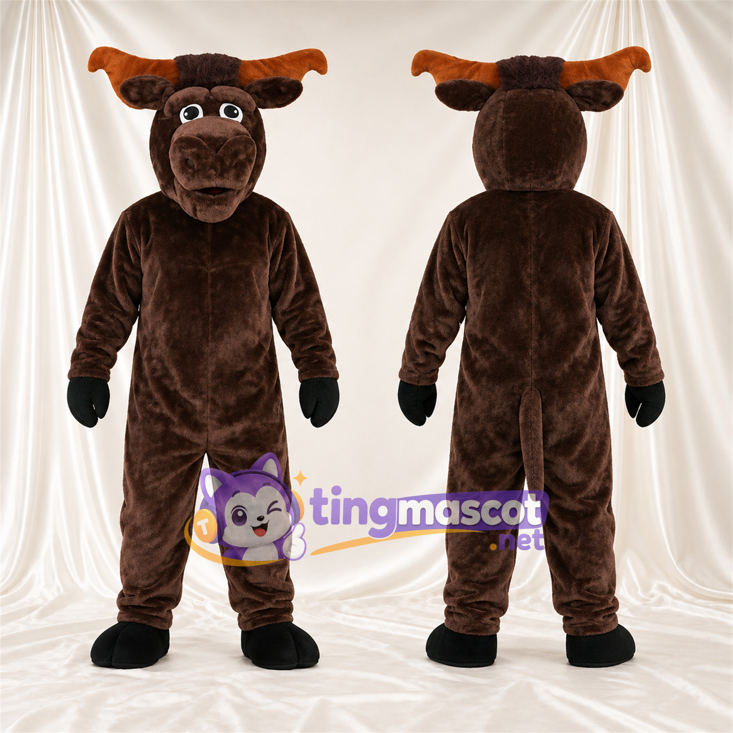 Costume de mascotte Élan – marron foncé – Bois; Gants (noir) Costume de mascotte Élan – marron foncé – Bois; Gants (noir)