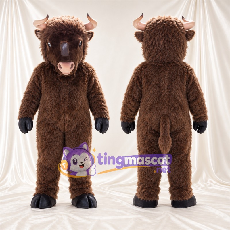 Costume de mascotte Bison – marron – Bouche ouverte; Fourrure hirsute