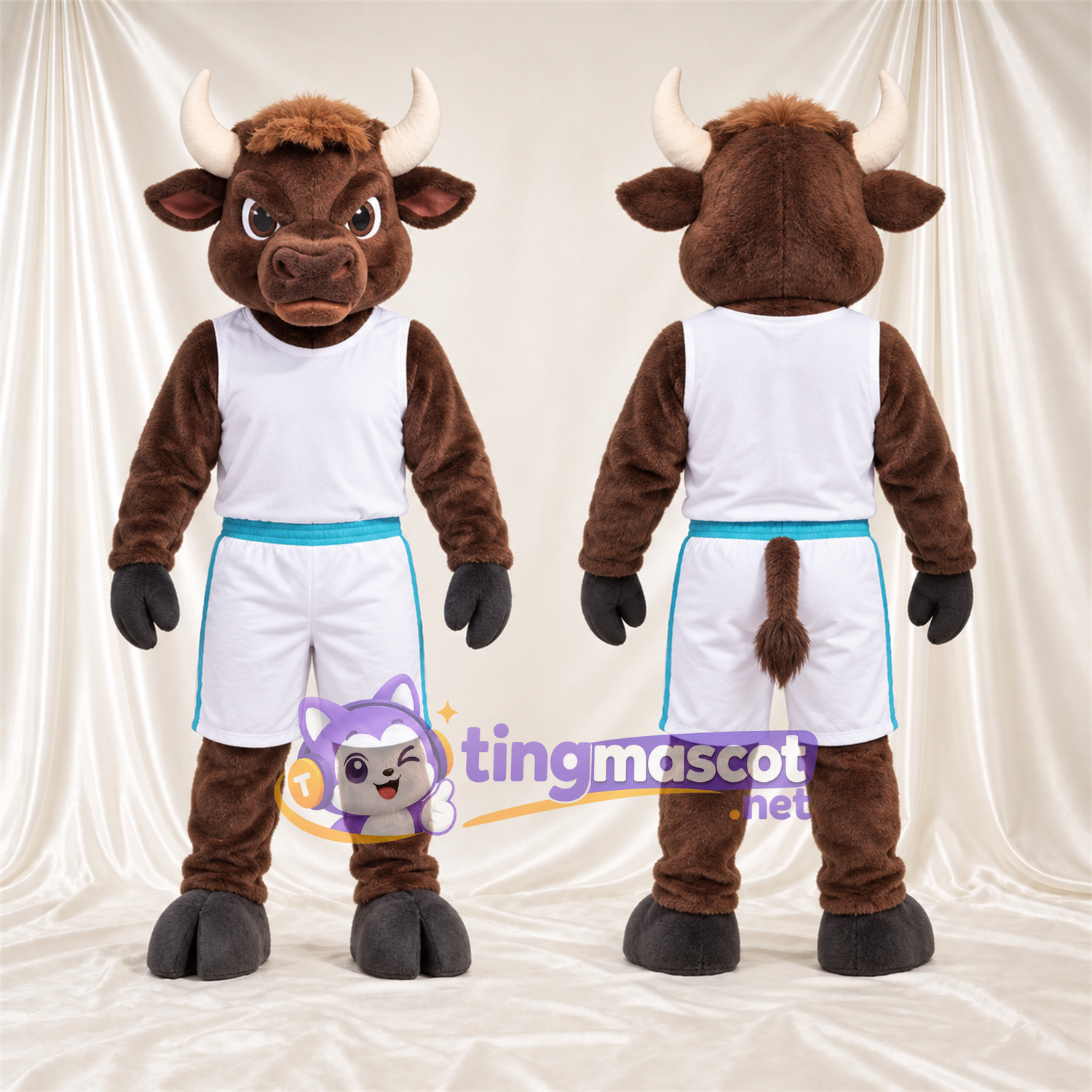 Maskottchenkostüm Bison – braun – Basketballtrikot (weiß); Hörner (weiß) Maskottchenkostüm Bison – braun – Basketballtrikot (weiß); Hörner (weiß)