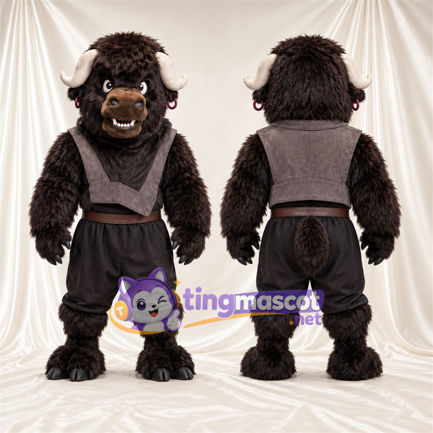 Costume de mascotte Bison – marron – Gilet (gris); Pantalon (noir) Costume de mascotte Bison – marron – Gilet (gris); Pantalon (noir)