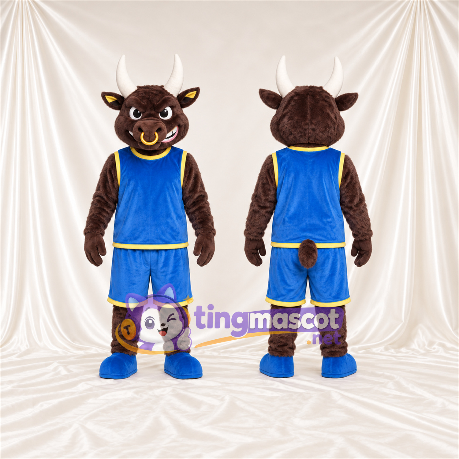Maskottchenkostüm Bison – braun – Basketballtrikot (blau) Maskottchenkostüm Bison – braun – Basketballtrikot (blau)