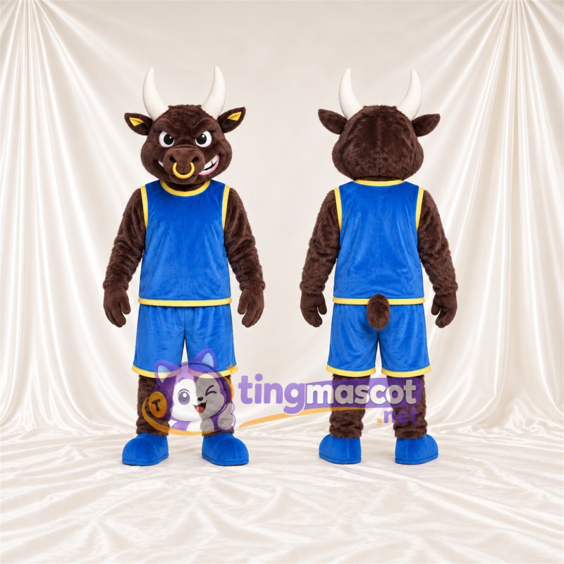 Maskottchenkostüm Bison – braun – Basketballtrikot (blau)