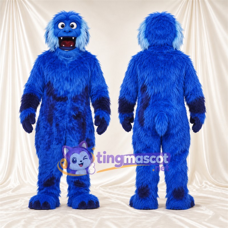 Costume de mascotte Monstre – bleu – Bouche ouverte; Fourrure hirsute