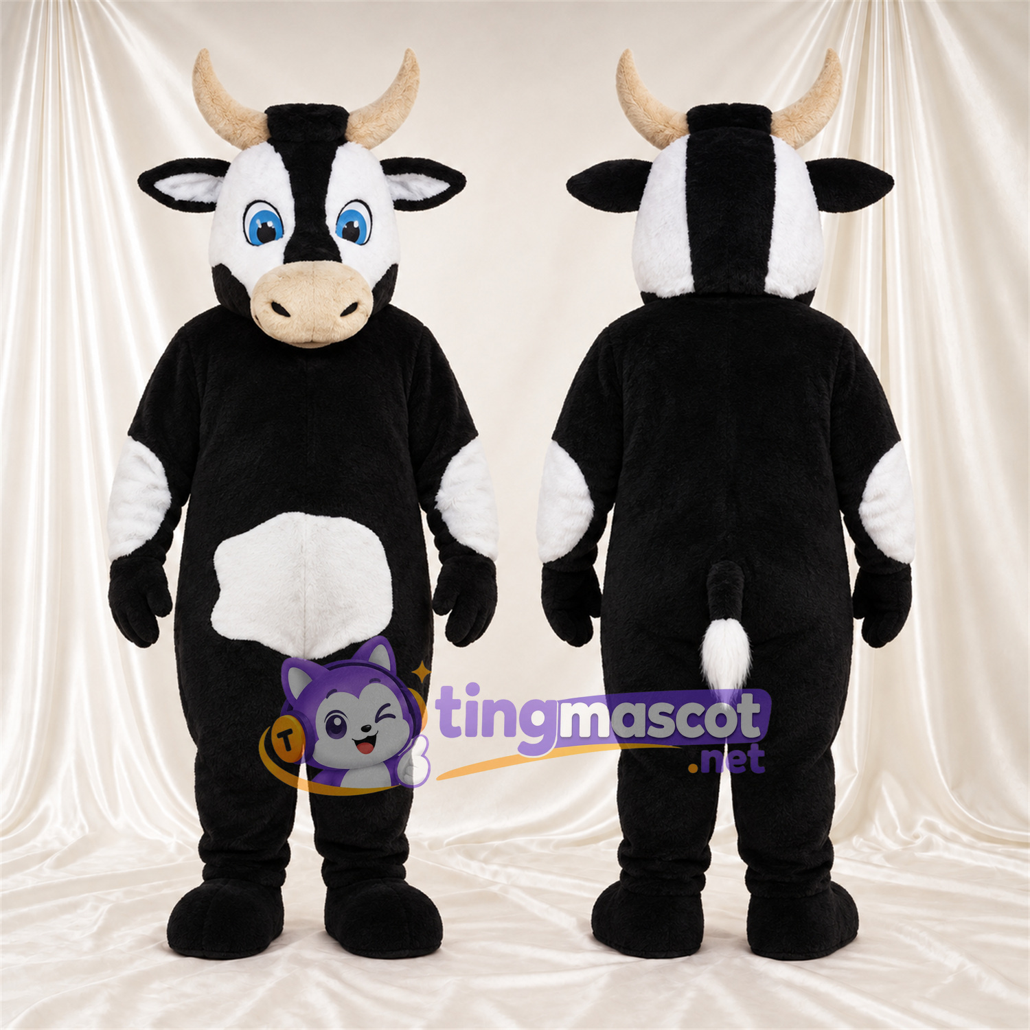 Black and White Bull Mascot Costume - Tan Horns and Blue Eyes Black and White Bull Mascot Costume - Tan Horns and Blue Eyes