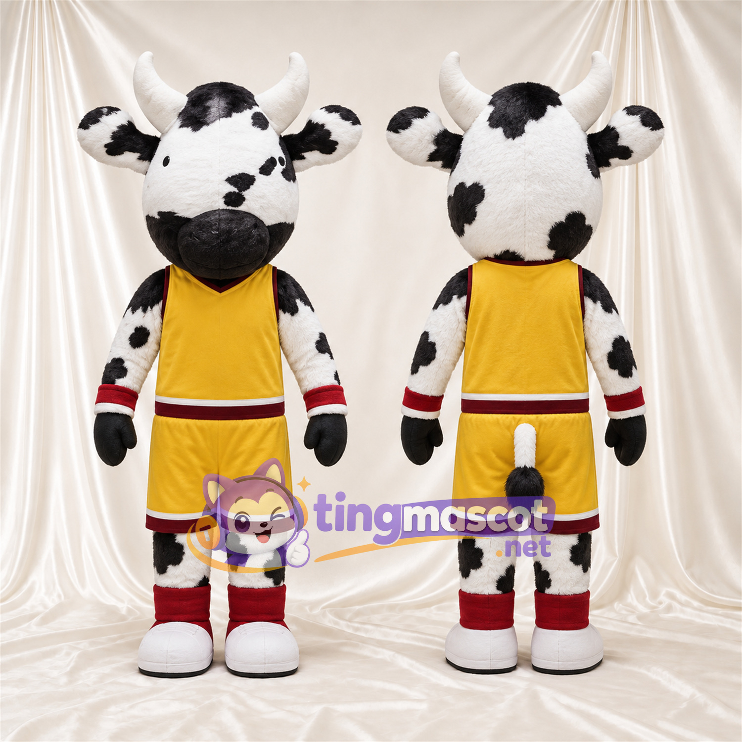 Black and White Cow Mascot Costume - Yellow Basketball Uniform Black and White Cow Mascot Costume - Yellow Basketball Uniform