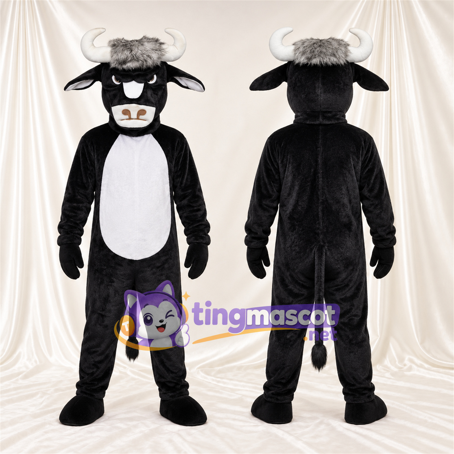 Black and White Bull Mascot Costume - White Belly and White Horns Black and White Bull Mascot Costume - White Belly and White Horns