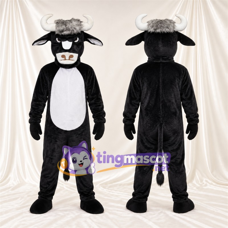 Black and White Bull Mascot Costume - White Belly and White Horns
