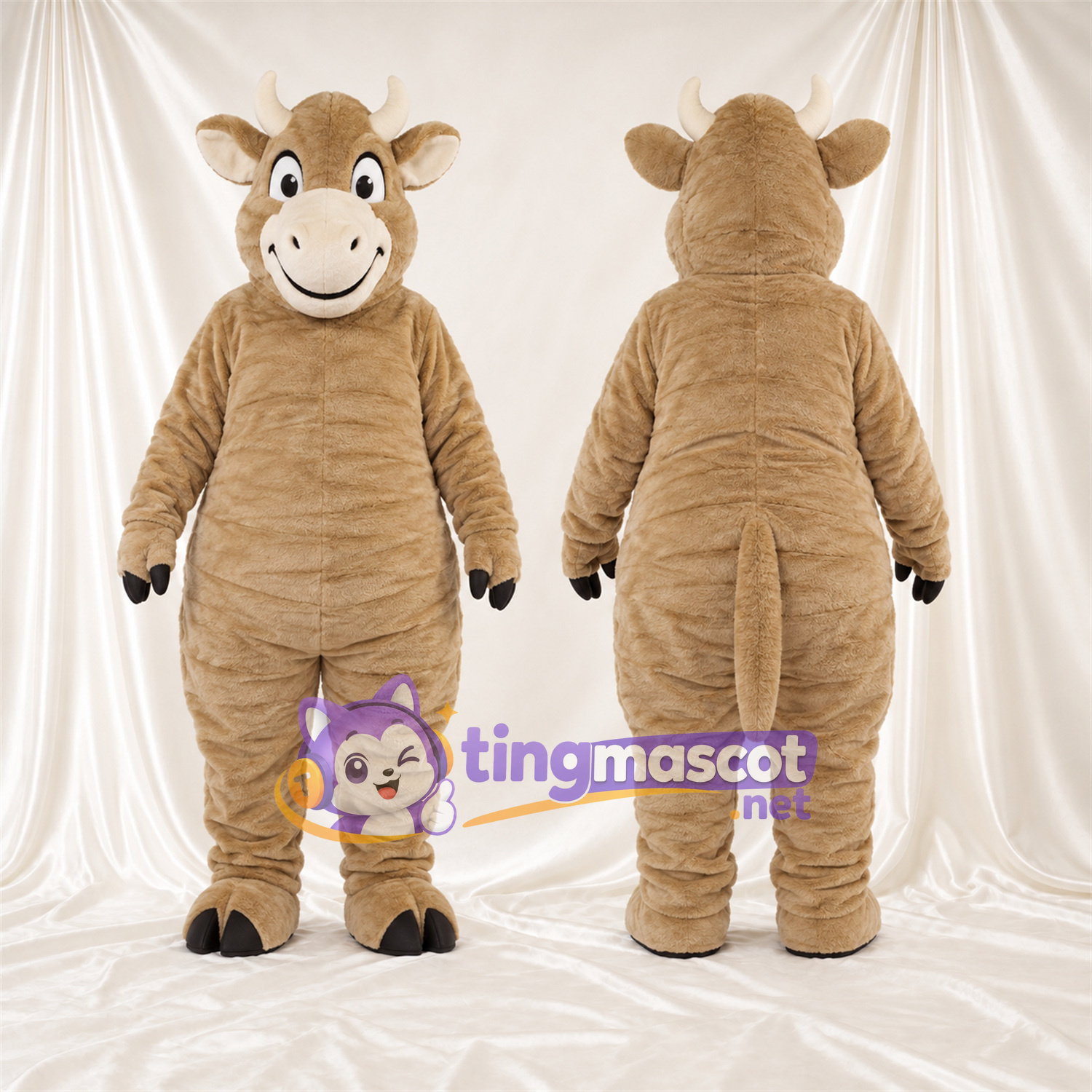 Costume de mascotte Taureau – brun clair – Cornes (brun clair); Visage (crème) Costume de mascotte Taureau – brun clair – Cornes (brun clair); Visage (crème)