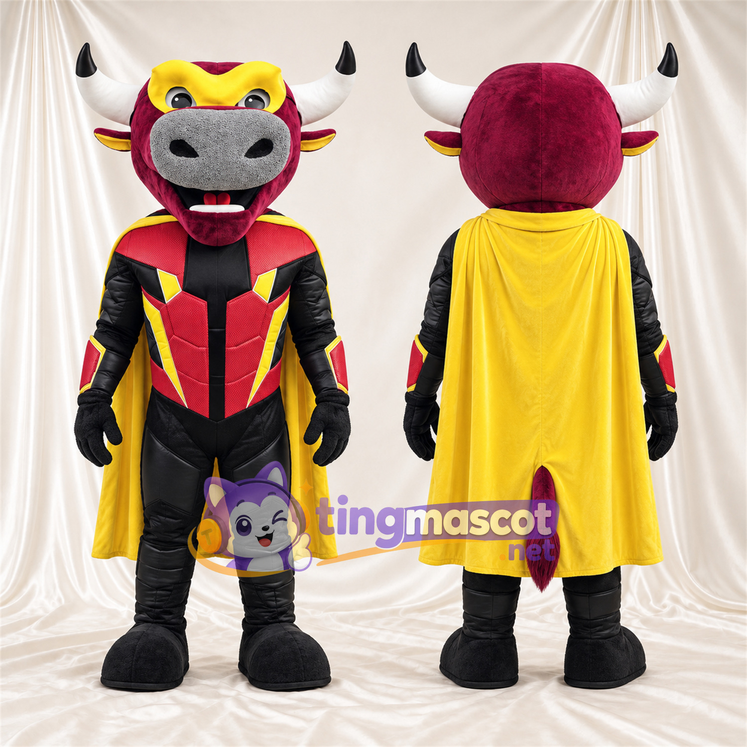 Black Bull Superhero Mascot Costume - Red and Yellow Outfit Black Bull Superhero Mascot Costume - Red and Yellow Outfit