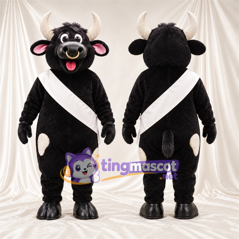 Costume de mascotte Taureau – noir – Écharpe en bandoulière (blanc)