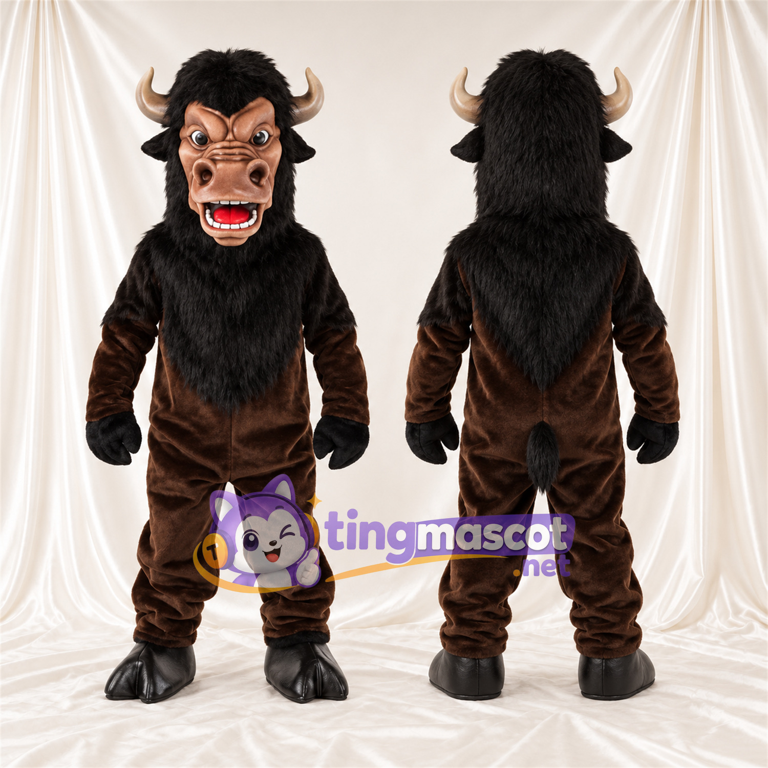 Costume de mascotte Minotaure – marron / noir – Cornes courbées; Crinière (noir) Costume de mascotte Minotaure – marron / noir – Cornes courbées; Crinière (noir)