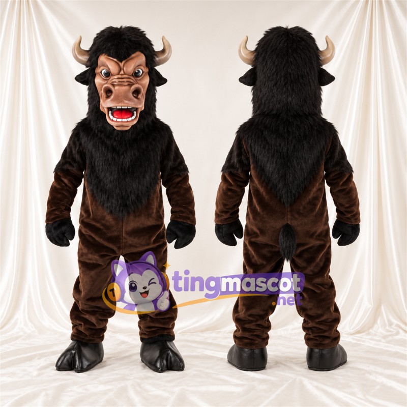 Costume de mascotte Minotaure – marron / noir – Cornes courbées; Crinière (noir)