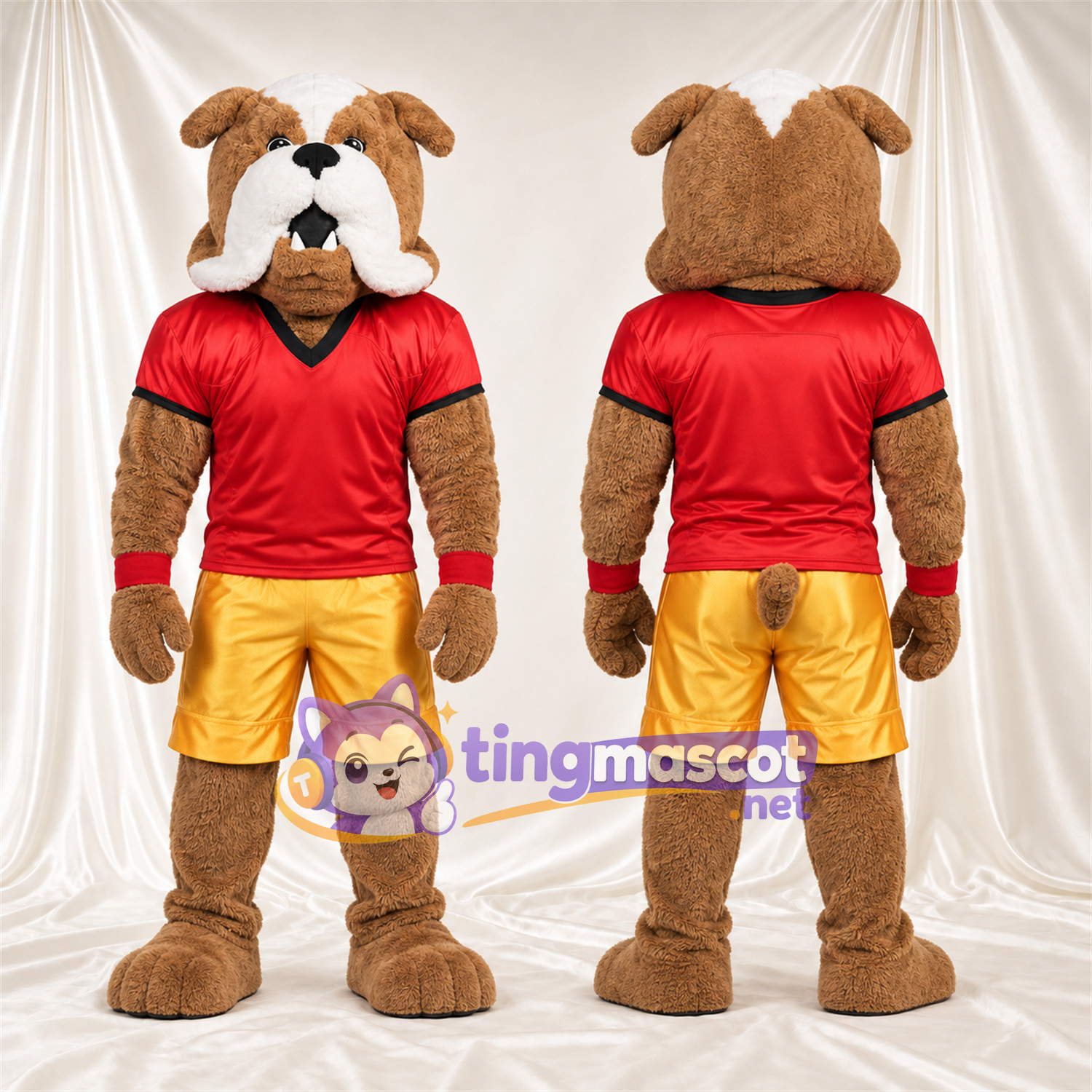 Costume de mascotte Bouledogue – marron / blanc – Chemise (rouge); Short (jaune) Costume de mascotte Bouledogue – marron / blanc – Chemise (rouge); Short (jaune)