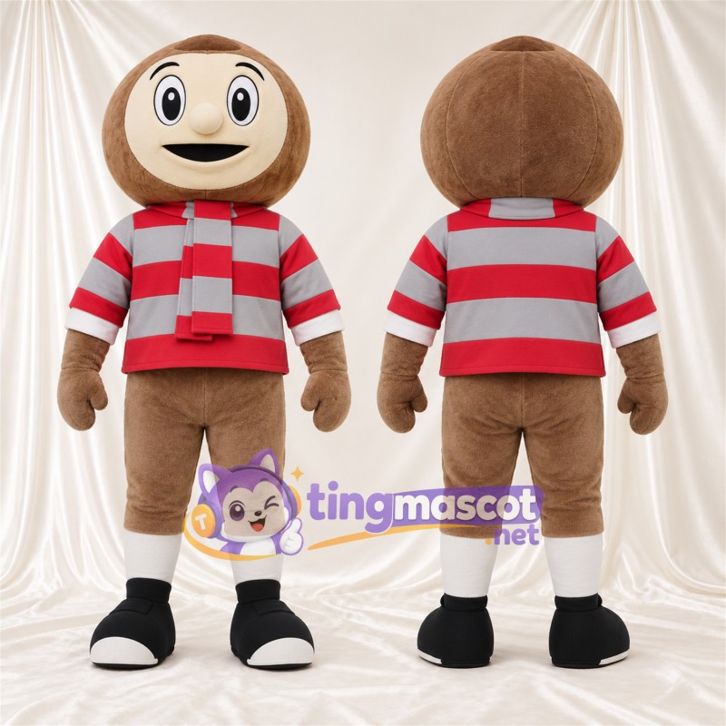 Red and Gray Cartoon Boy Mascot Costume - Red Striped Shirt and Brown Shorts